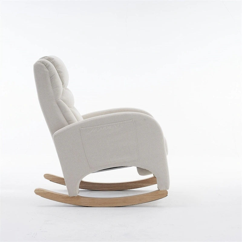 Mecedora tapizada con reposapiés ajustable y bolsillo lateral extraíble