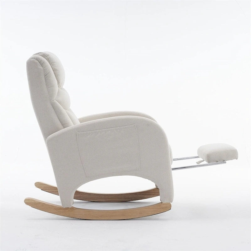 Mecedora tapizada con reposapiés ajustable y bolsillo lateral extraíble