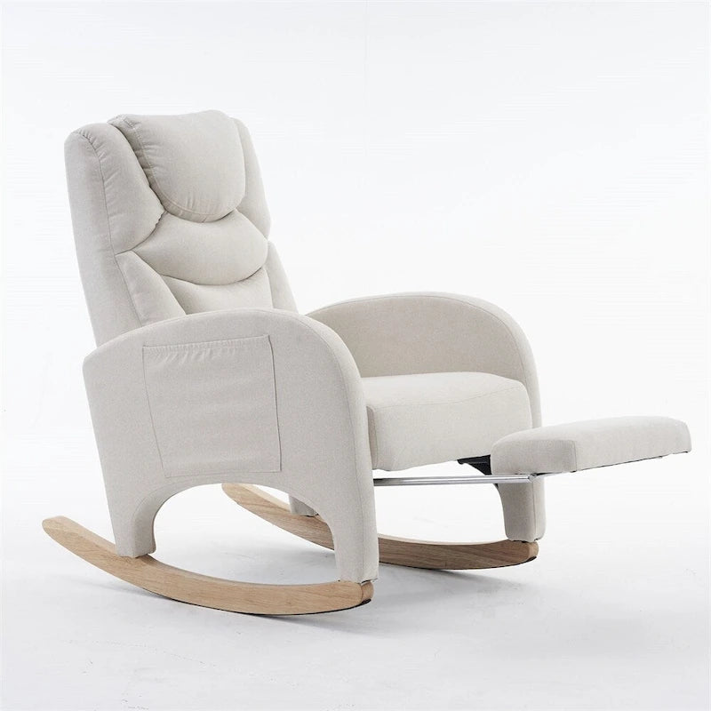 Mecedora tapizada con reposapiés ajustable y bolsillo lateral extraíble