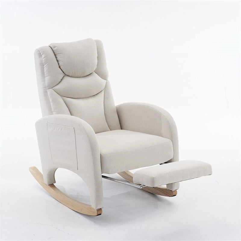 Mecedora tapizada con reposapiés ajustable y bolsillo lateral extraíble