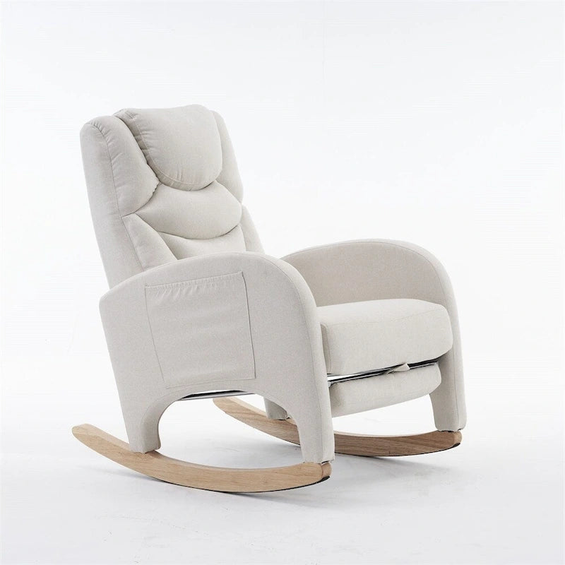 Mecedora tapizada con reposapiés ajustable y bolsillo lateral extraíble