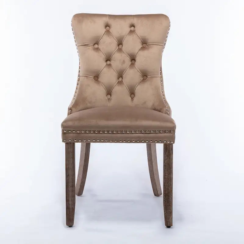 Juego de 2 sillas de comedor tapizadas con ribete de tachuelas y patas de madera maciza