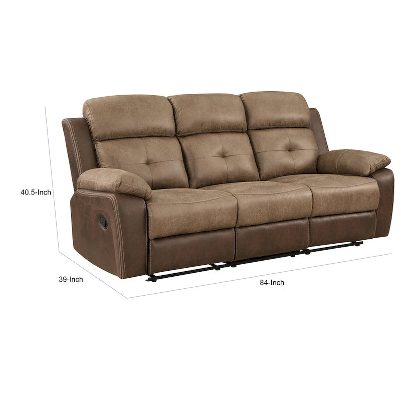 Sofá Reclinable Doble Manual de 84 Pulgadas, Microfibra Marrón, Estructura de Madera Maciza