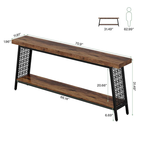 Consola de 2 niveles con marco de metal, mesa estrecha de 70.9 pulgadas para recibidor o sala de estar