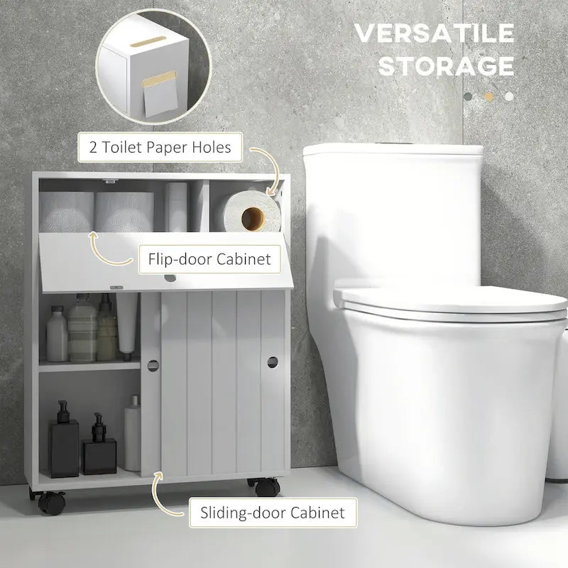 Armario de almacenamiento de baño delgado con ruedas y soporte para papel higiénico