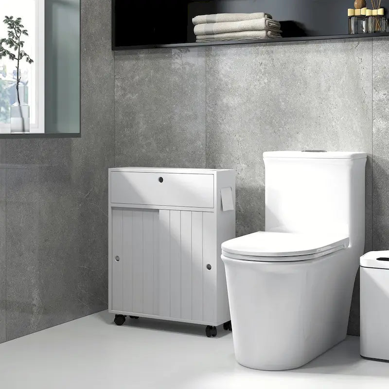 Armario de almacenamiento de baño delgado con ruedas y soporte para papel higiénico