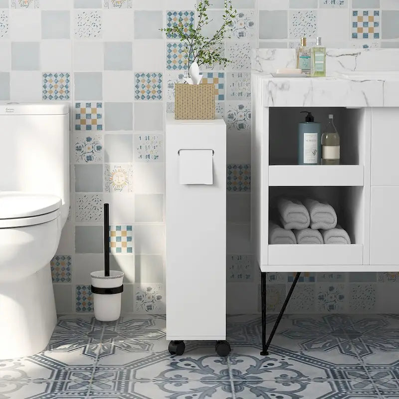 Armario de almacenamiento de baño delgado con ruedas y soporte para papel higiénico