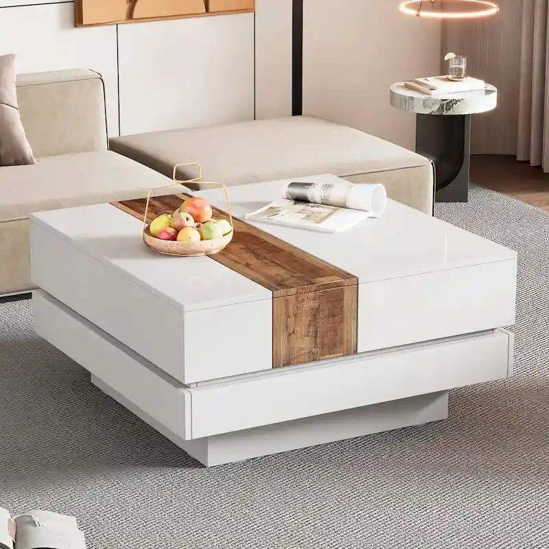 Mesa de centro cuadrada con tapa deslizante y compartimentos de almacenamiento ocultos