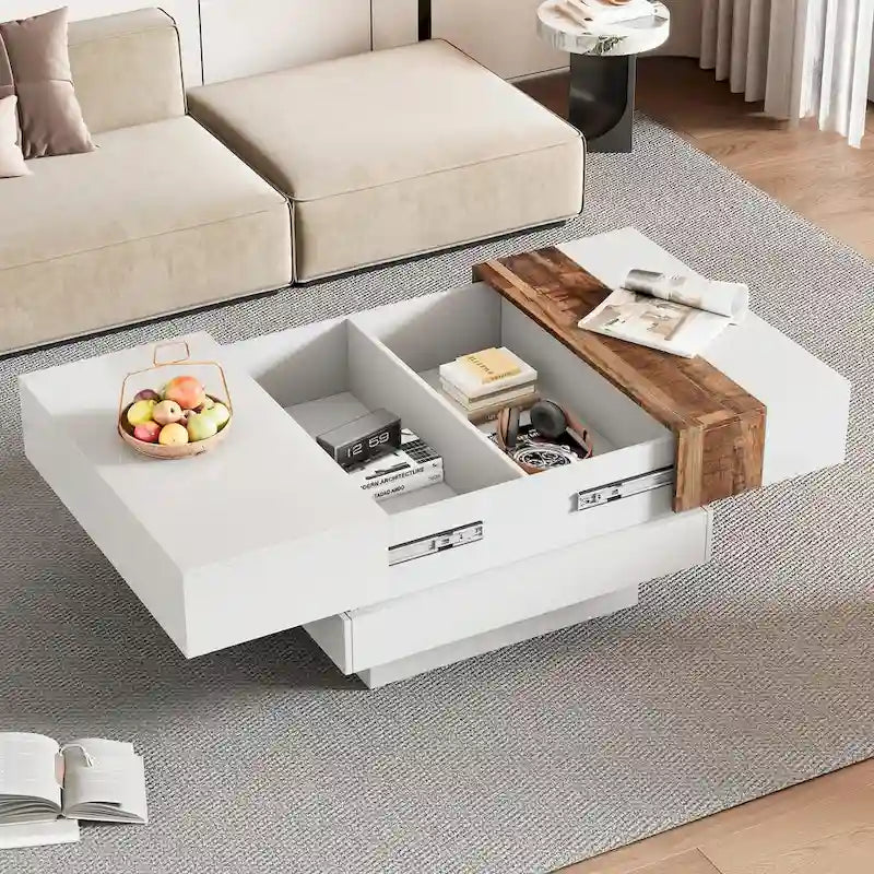 Mesa de centro cuadrada con tapa deslizante y compartimentos de almacenamiento ocultos